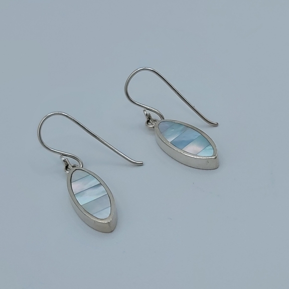 Oval Iridescent Seashell Inlay Silver Drop Earrings #1223 - Picture 10 of 12